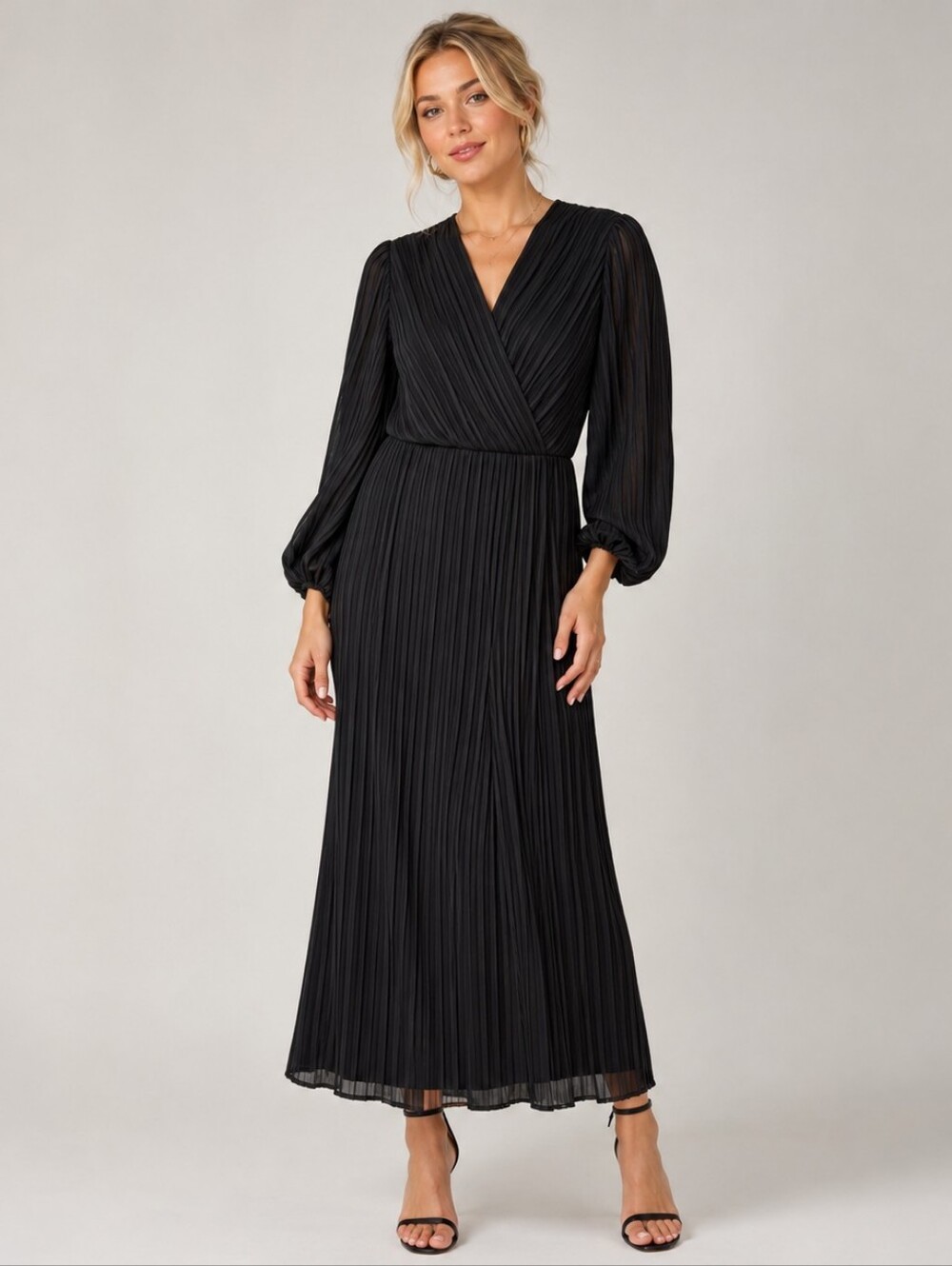 Zara Black Long-Sleeve Pleated Wrap Midi Dress XS Minimalist Capsule Classic
